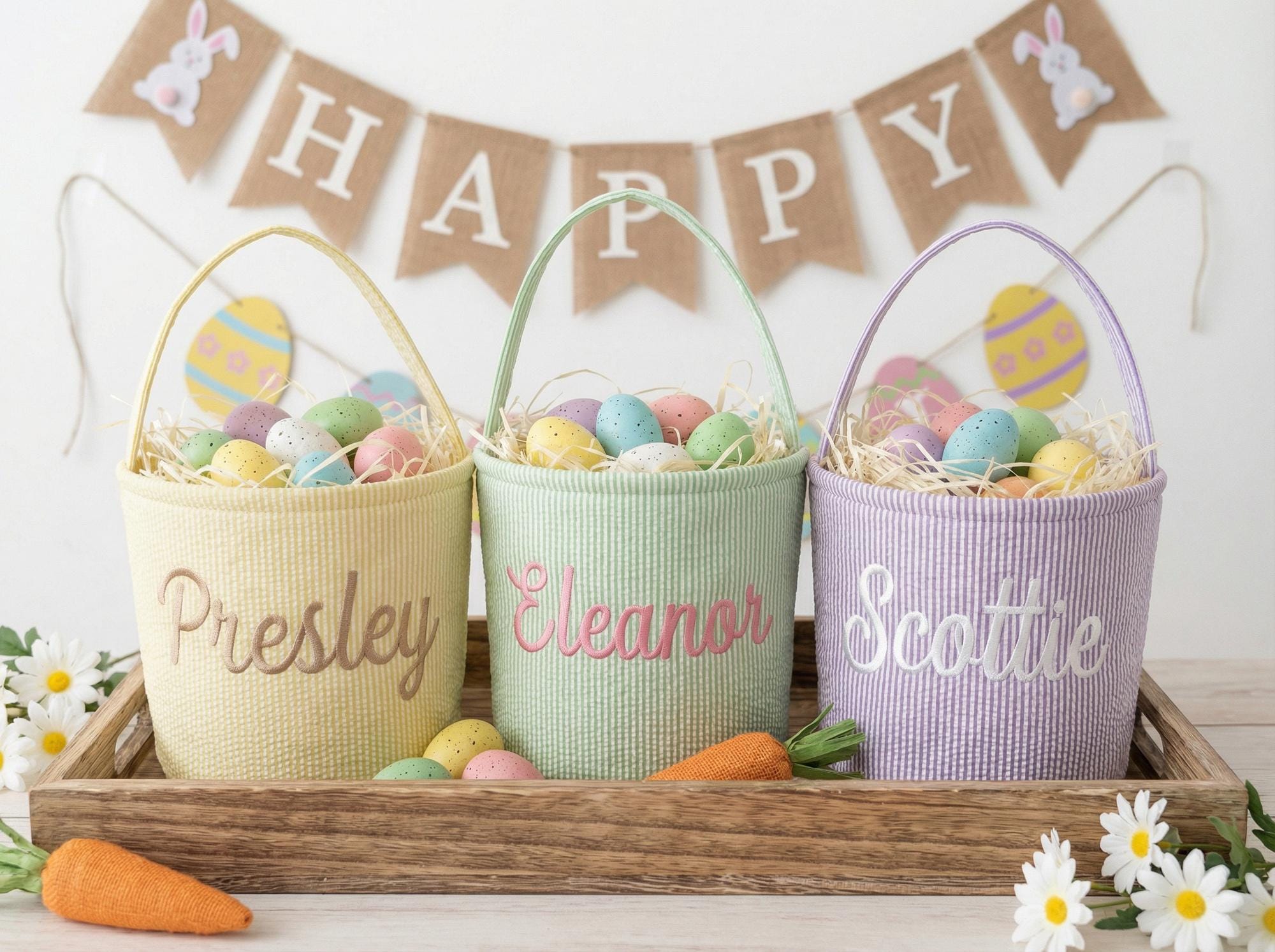 Personalized Embroidered Easter Basket – Custom Seersucker Bunny Bag