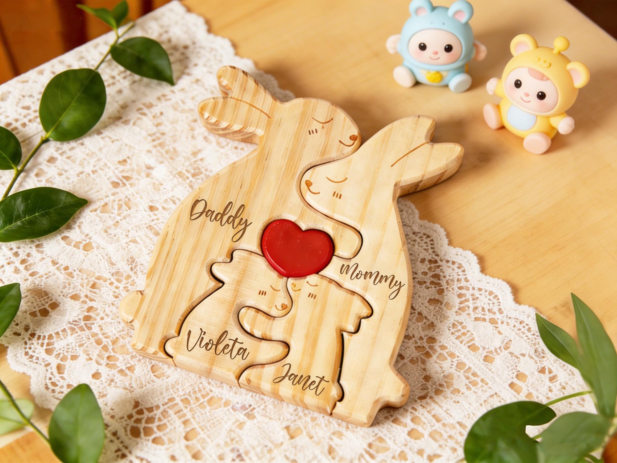 Personalized Wooden Rabbit Family Puzzle – Engraved Name Home Decor