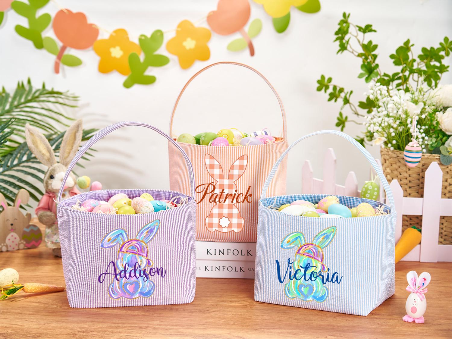 Personalized Monogrammed Seersucker Easter Basket – Custom Bunny Tote