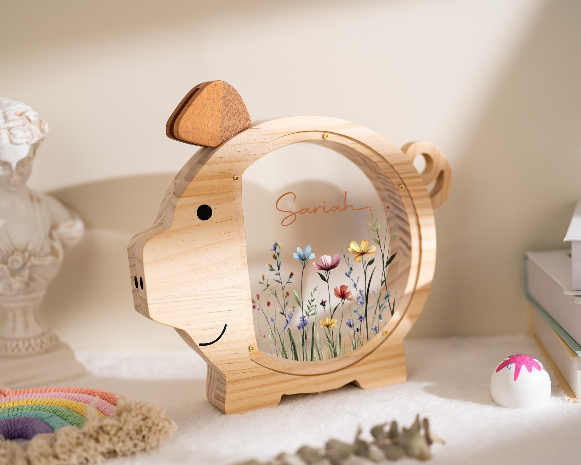 Personalized Piggy Bank, Wildflower Money Box, Kids Gift
