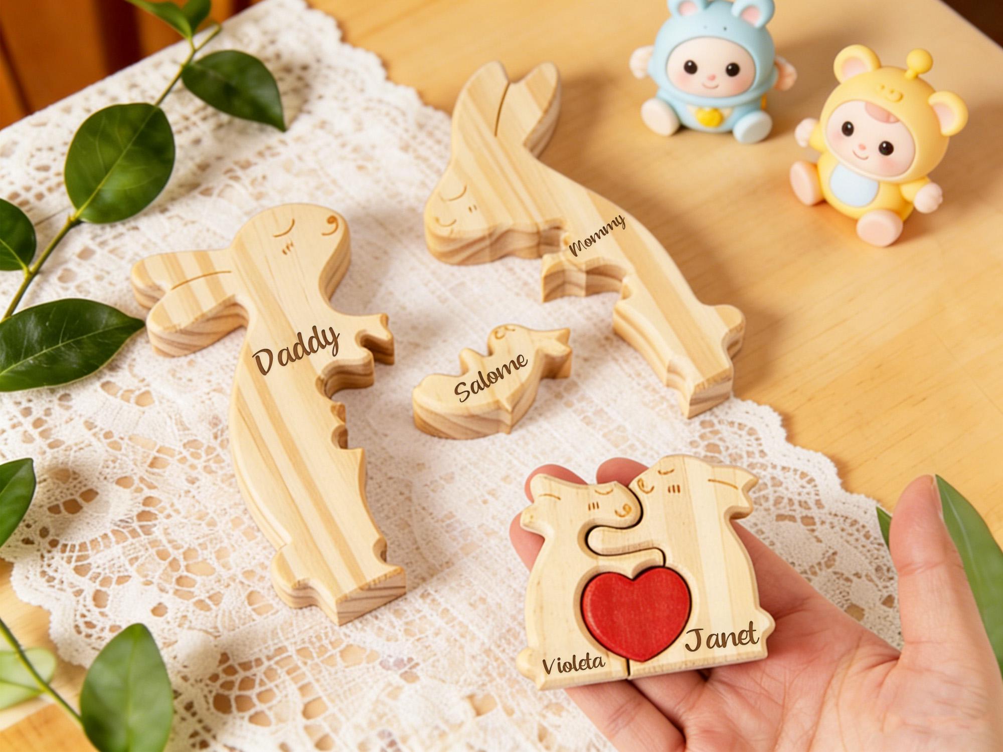 Personalized Wooden Rabbit Family Puzzle – Engraved Name Home Decor