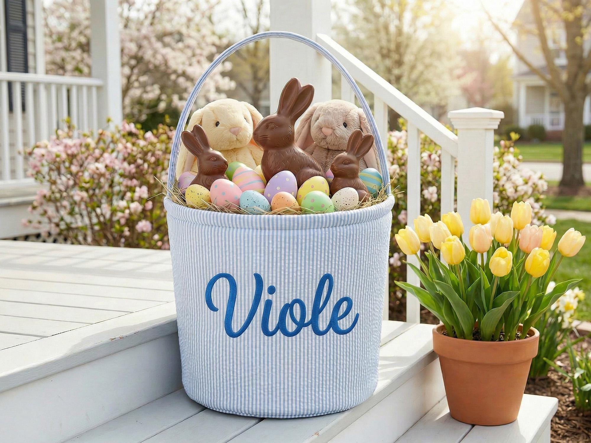 Custom Name Easter Basket – Embroidered Seersucker Kids Egg Hunt Tote