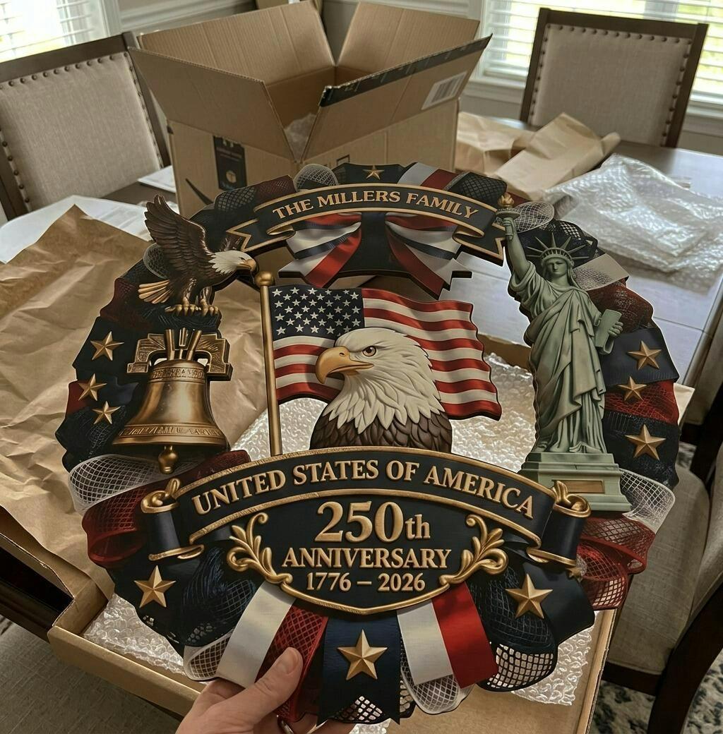 Personalized America 250th Wood Wreath, Patriotic Door Sign