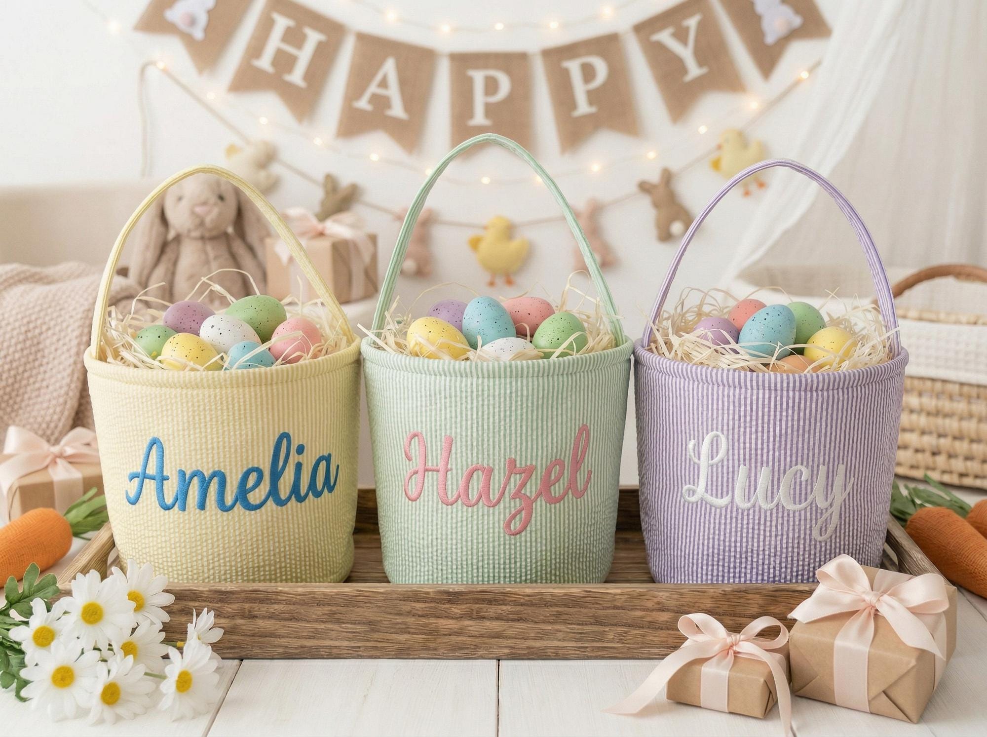 Personalized Embroidered Easter Basket – Custom Seersucker Bunny Bag