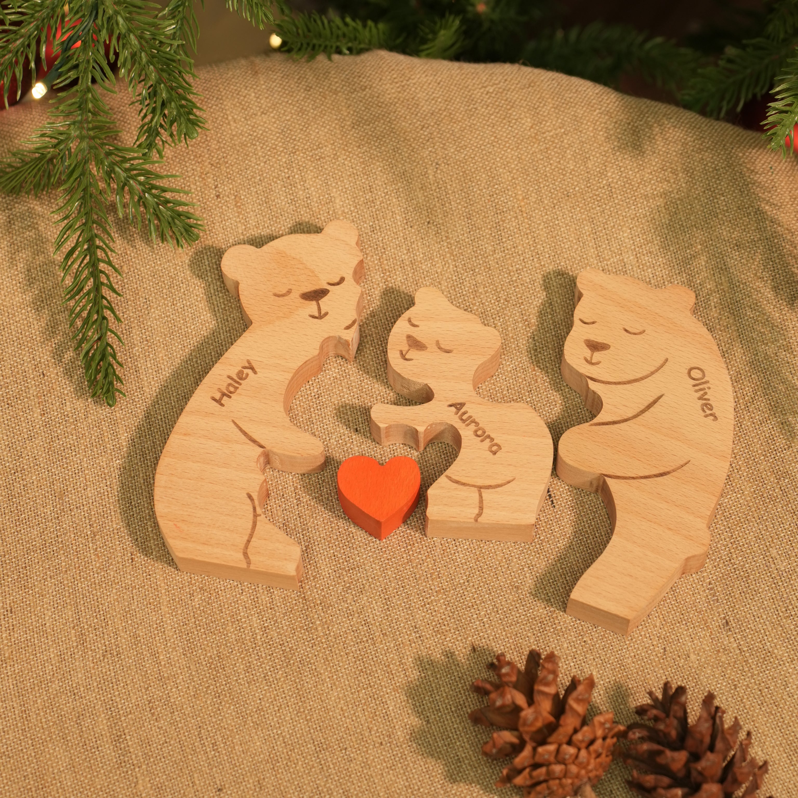 Family Personalized Custom Bear Shaped Wooden Art Puzzle - Wooden Bear Carvings, Carved Wood Decor - Gift For Family Members