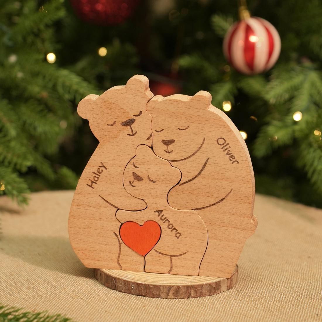 Family Personalized Custom Bear Shaped Wooden Art Puzzle - Wooden Bear Carvings, Carved Wood Decor - Gift For Family Members