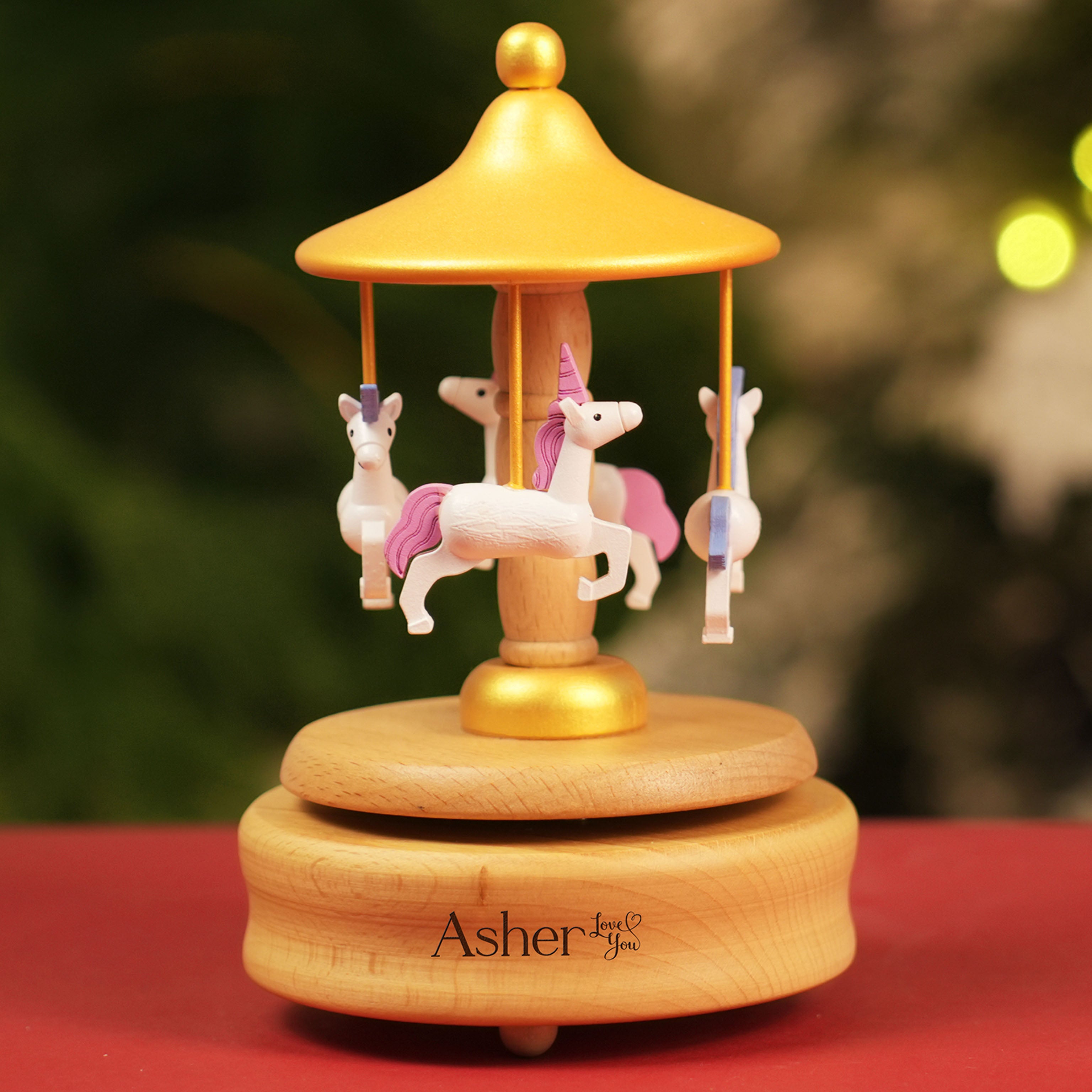 Musical Wooden Ballerina Carousel Keepsake, Engraved Name Music Box, Personalized Wooden MusicBox