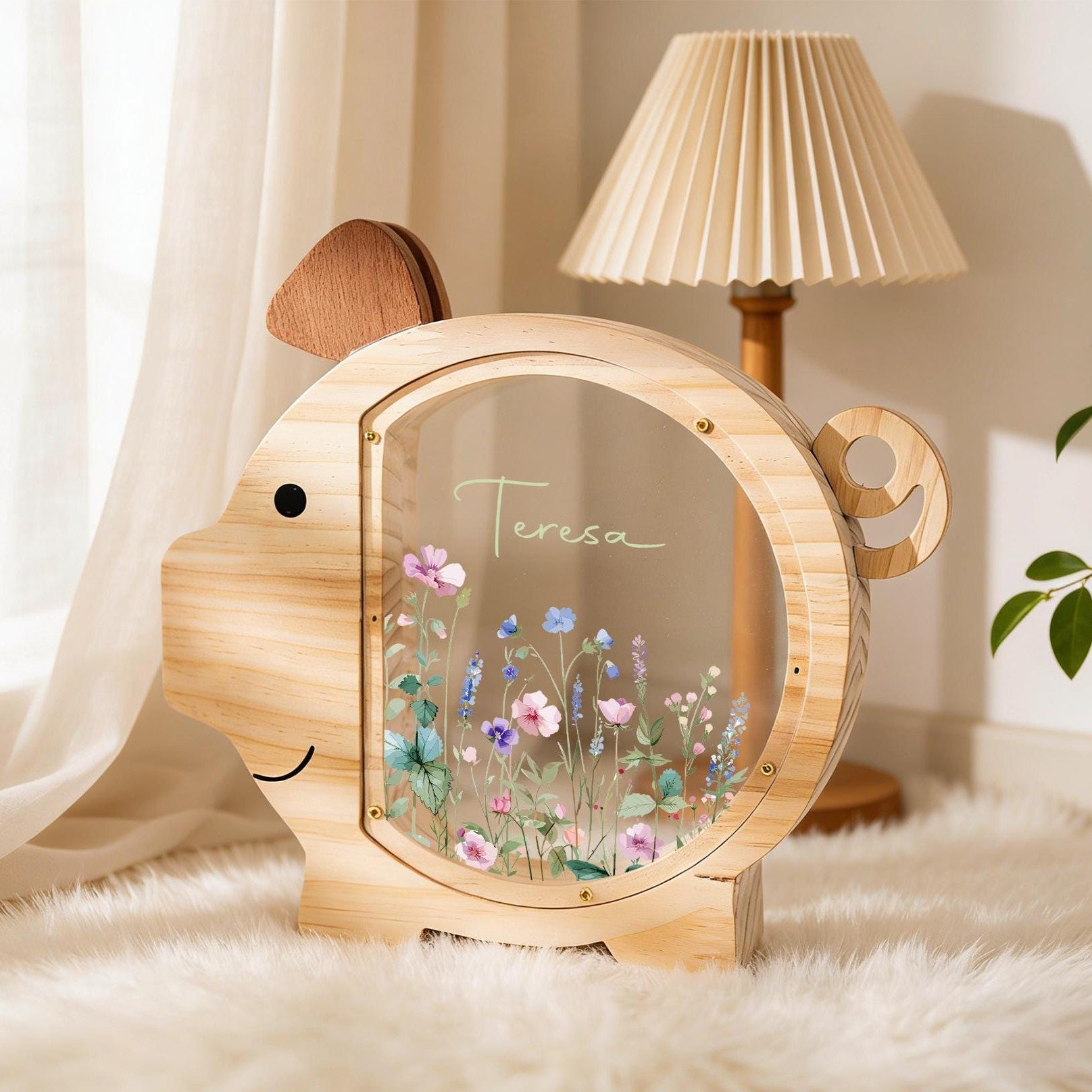 Personalized Piggy Bank, Wildflower Money Box, Kids Gift