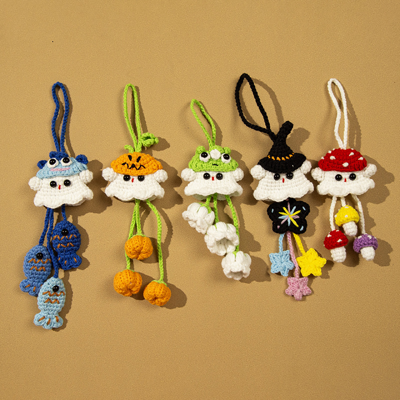 Cute Crochet Ghost Car Hanging Ornament, Handmade Rearview Mirror Decoration