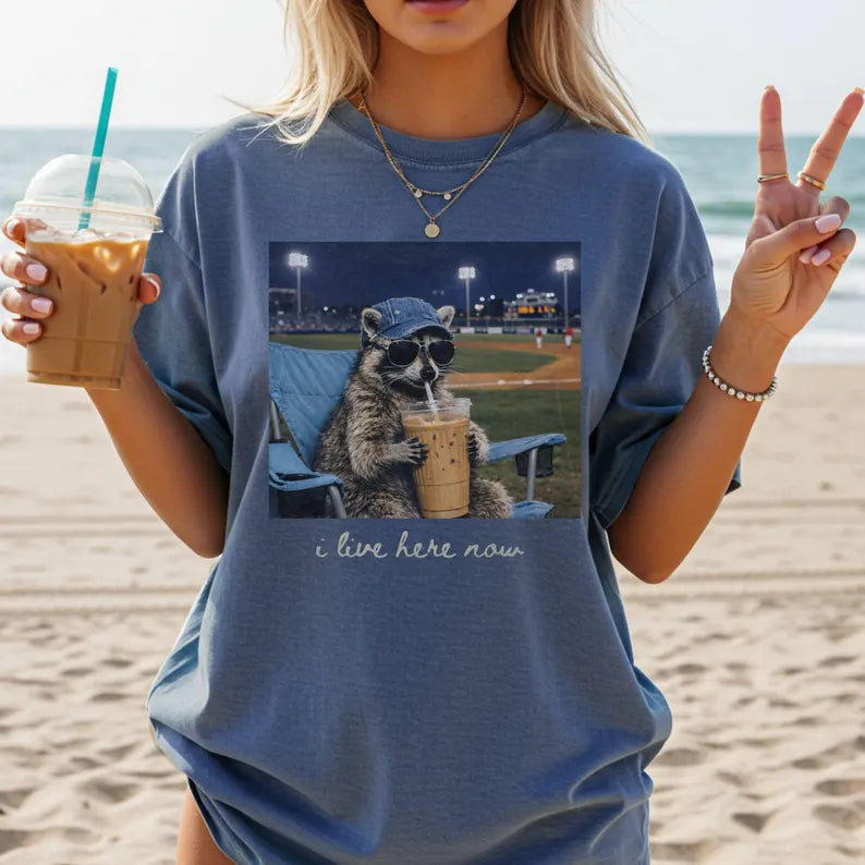 Raccoon I Live Here Now Shirt – Funny Game Day Softball & Baseball Mom Tee