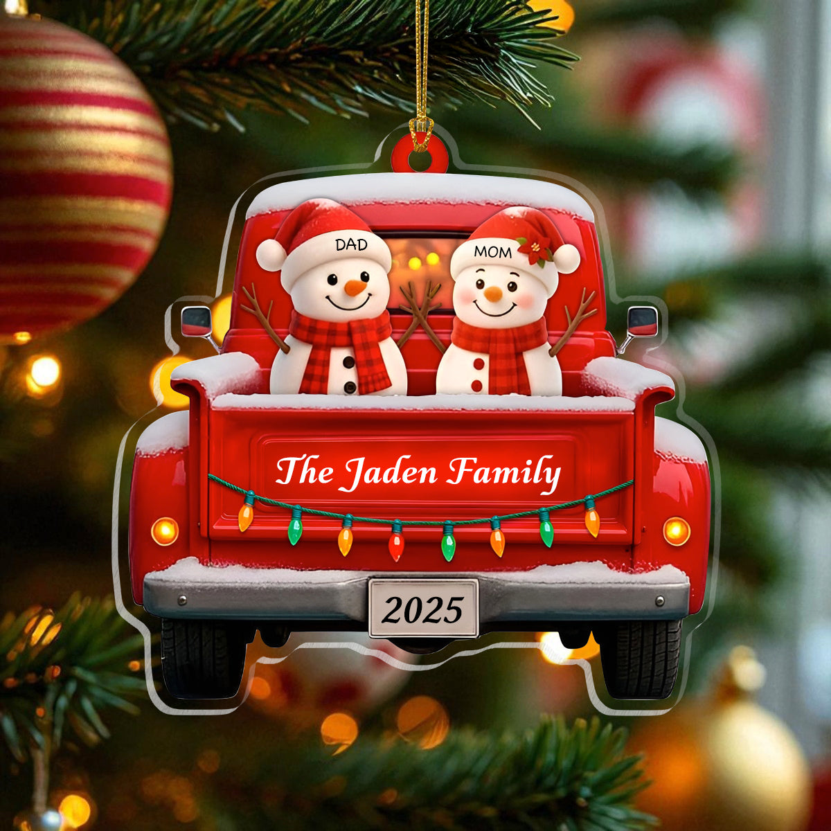 Personalized Snowman Family Christmas Ornament, Red Truck Christmas Ornament, Snowman Ornament, Custom Name Ornament, Baby First Christmas