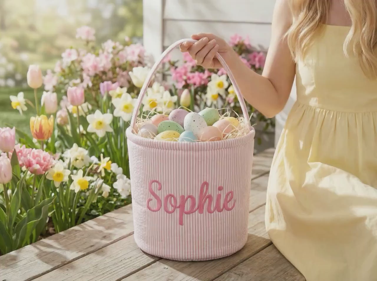 Personalized Embroidered Easter Basket – Custom Seersucker Bunny Bag