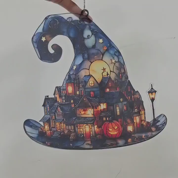 Witch Hat Village Acrylic Suncatcher, Halloween Town Faux Stained Glass Window Hanging, Spooky Home Decor for Halloween