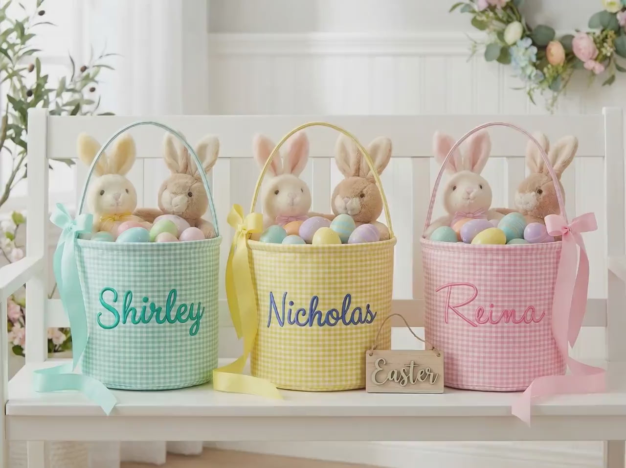 Custom Name Easter Basket – Embroidered Seersucker Kids Egg Hunt Tote