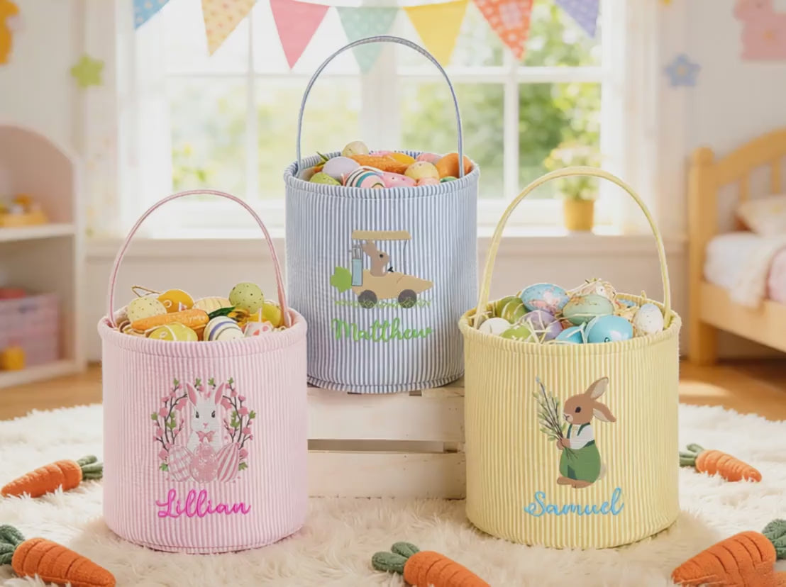 Personalized Seersucker Easter Basket, Embroidered Name, Kids Egg Hunt